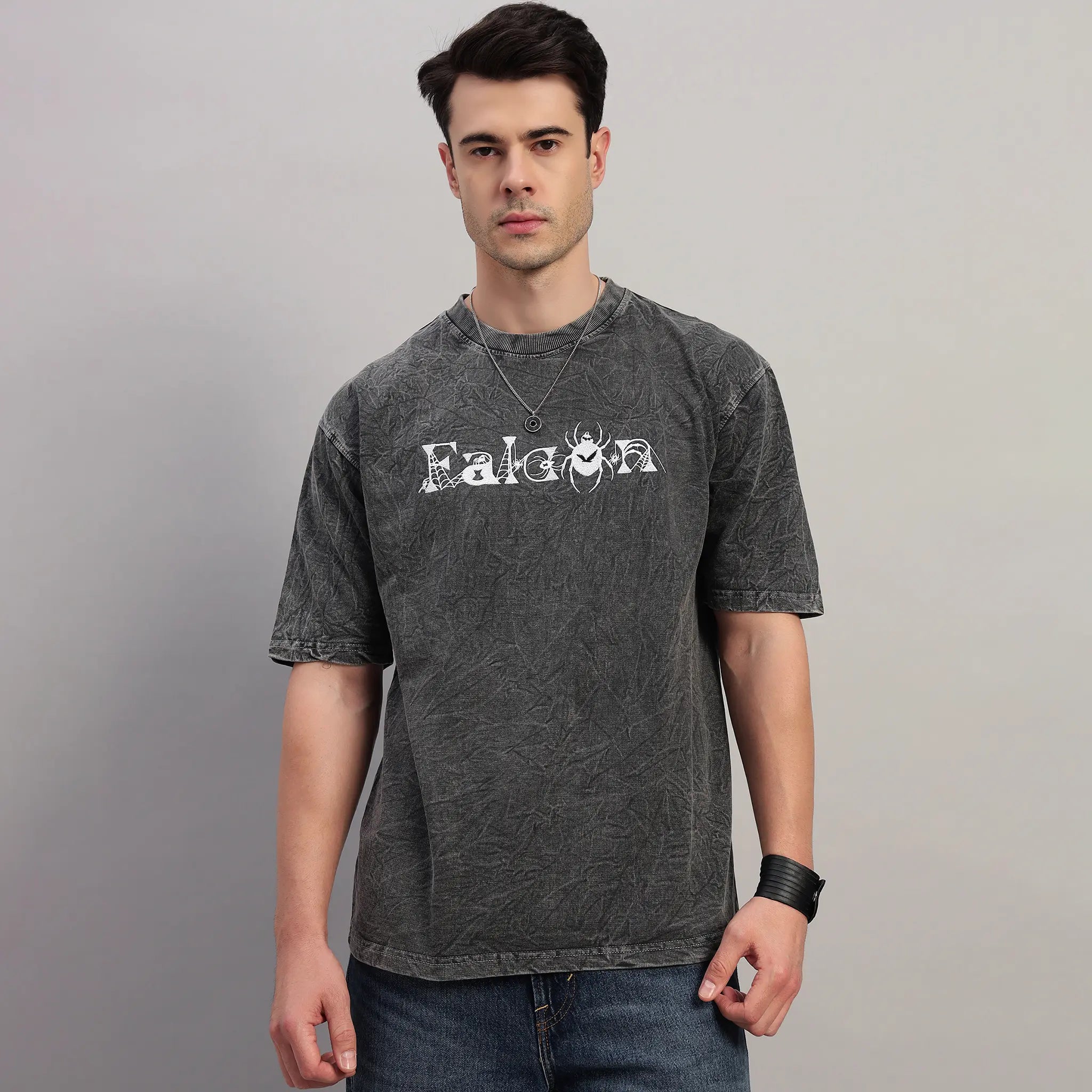 DARK GRAY WEB ACID WASH T-SHIRT