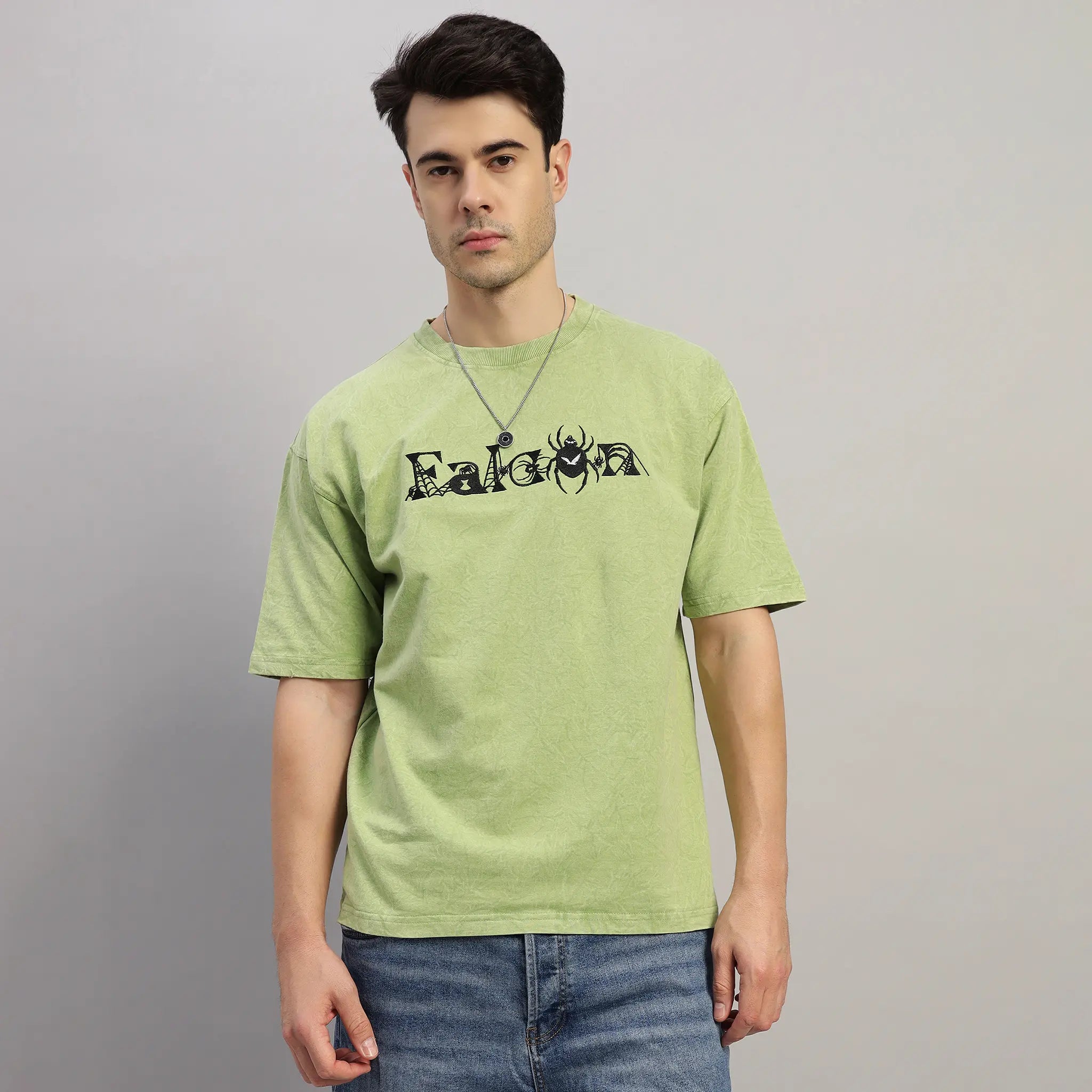 OLIVE GREEN WEB ACID WASH T-SHIRT